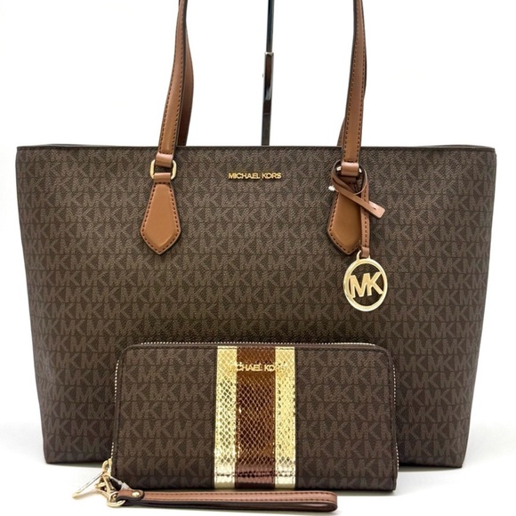 Michael Kors Sheila Large Logo Tote Bag & Matching Continental Wallet Brown - Picture 1 of 12